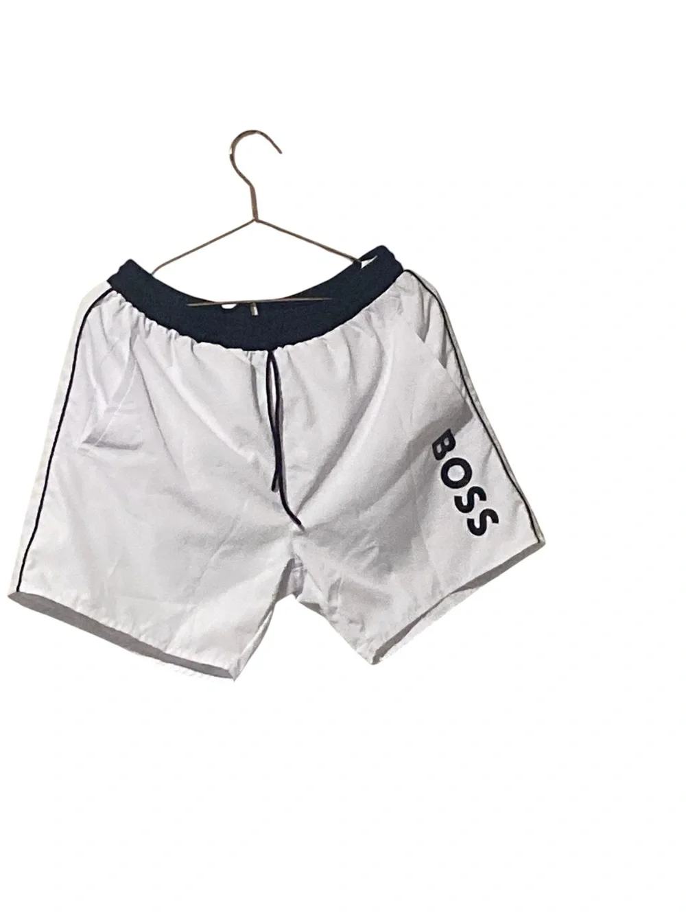 BOSS Men's White Athletic Shorts with Navy Waistband